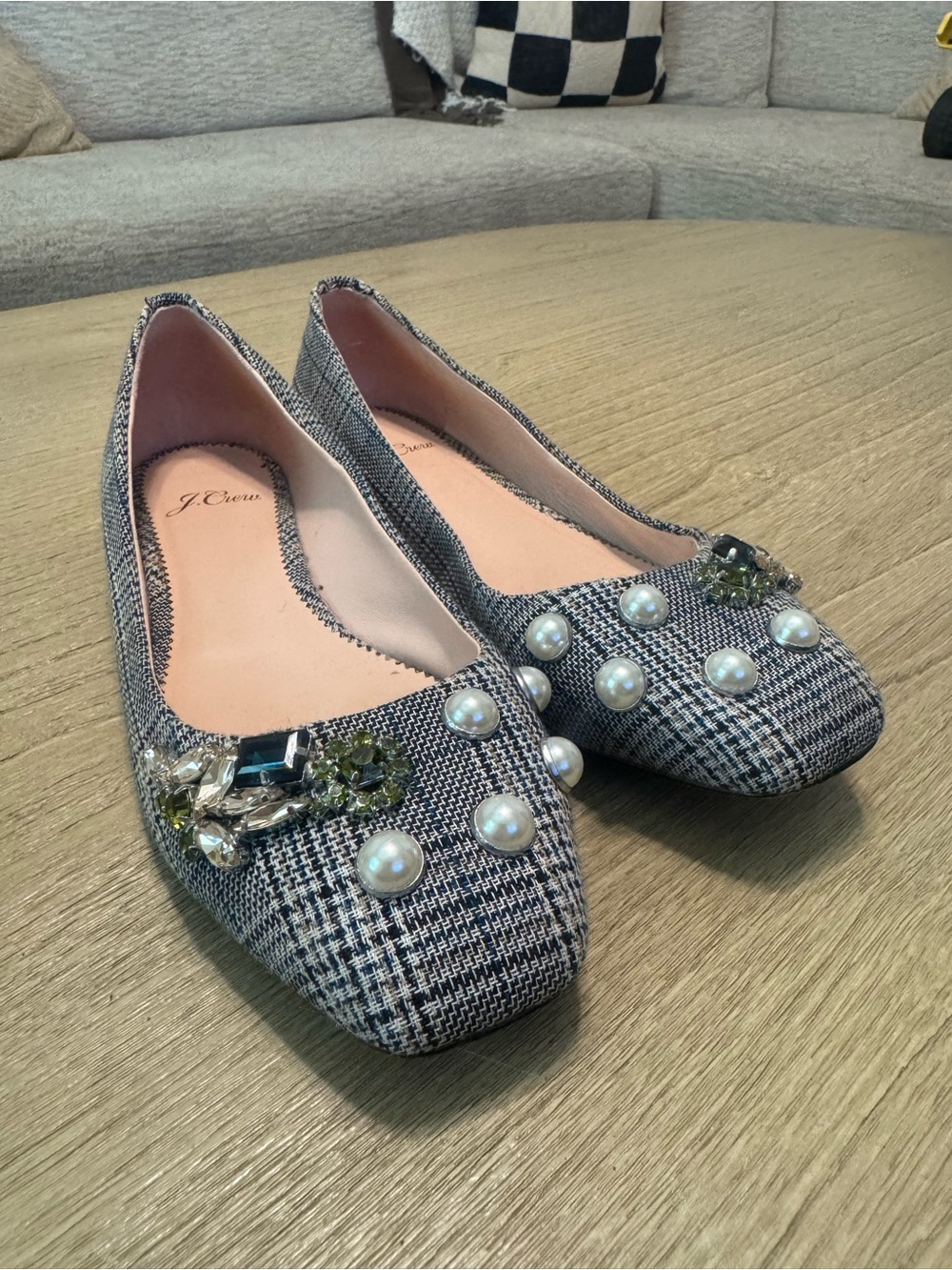 J. Crew Black and White Tweed Pearl & Crystal Embellished Flats